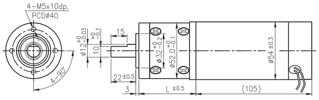 Dimensions of DC motor with planetary gearbox - series PG521