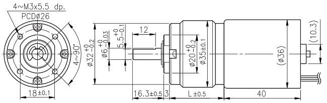 Dimensions of BLDC motor with planetary gearbox - series PG359